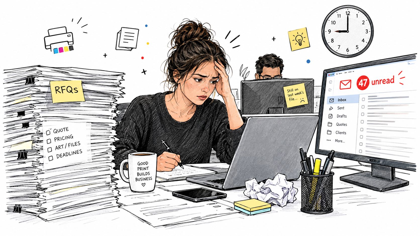 Stressed office worker overwhelmed by a large stack of RFQs and unread emails at her desk.