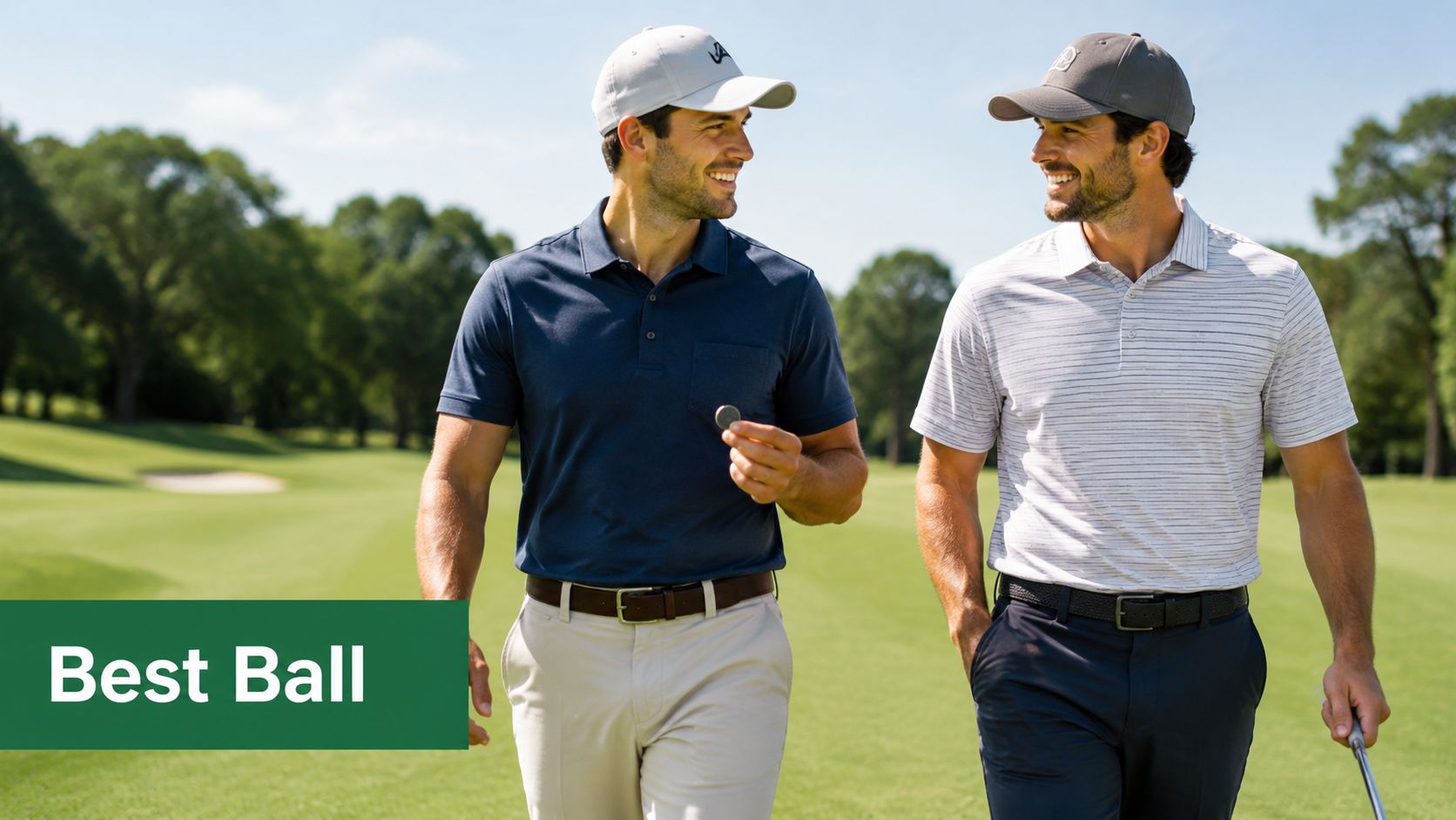 Two golfers talking and smiling while walking down a sunny fairway during a golf tournament.