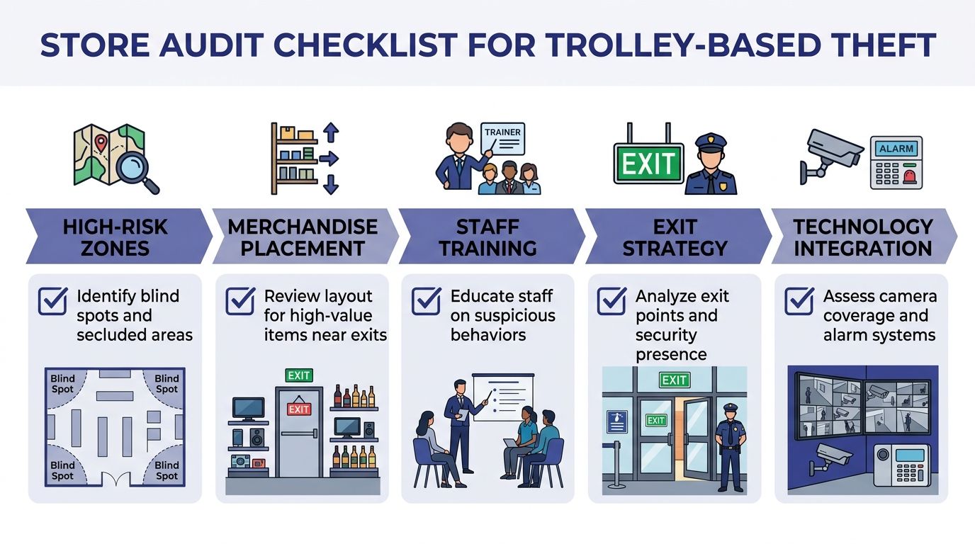 A store audit checklist infographic illustrating strategies for preventing trolley-based theft in a retail environment.