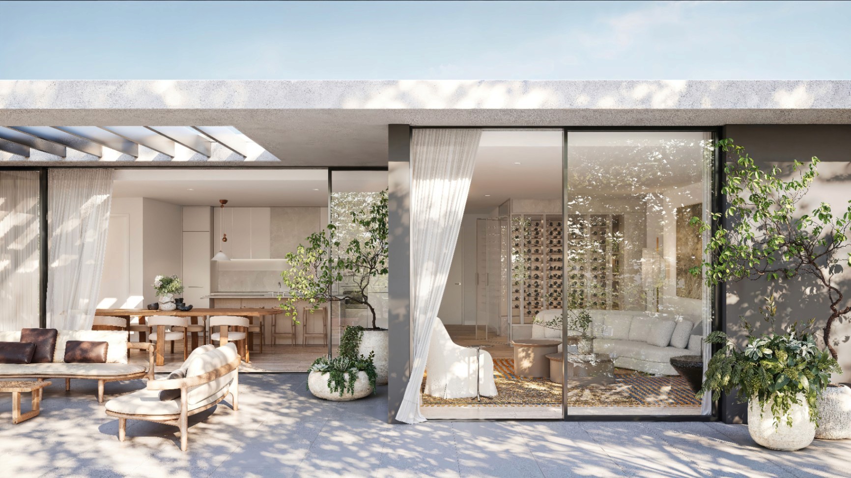 Indoor and outdoor entertaining spaces at Alex & Willow Crows Nest, highlighting boutique off-the-plan apartments you can buy with $10k through Coposit.