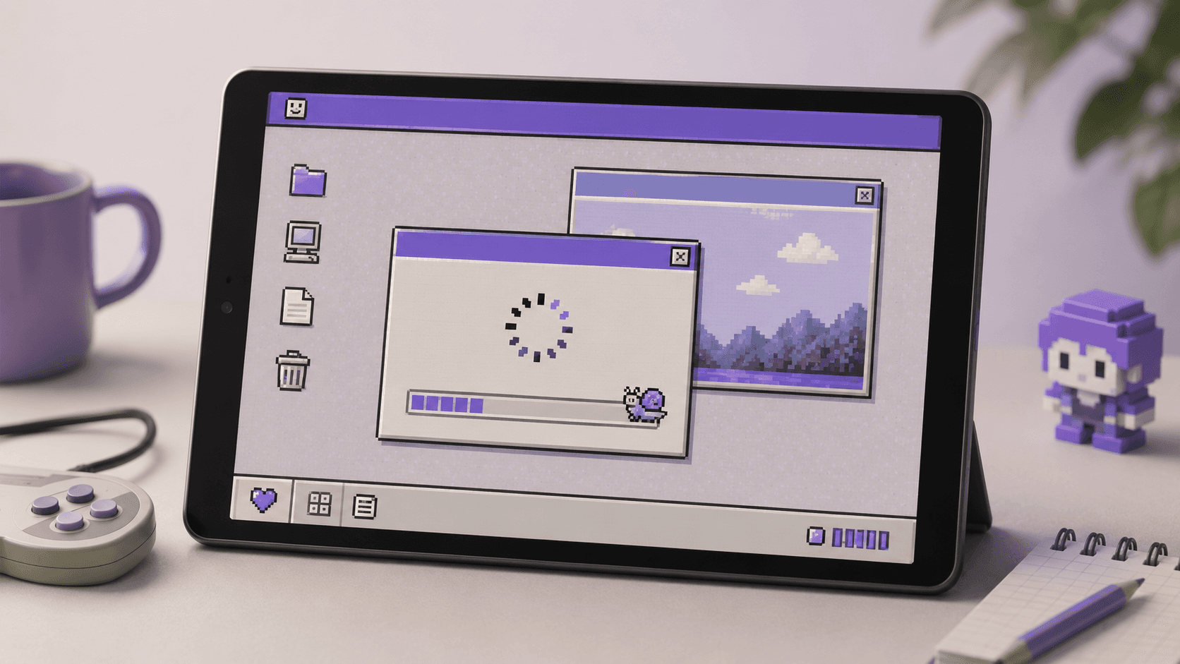 Tablet displaying a retro pixel-style desktop interface with a loading window, progress bar, and purple accents.