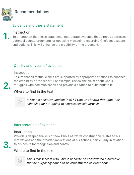 thesify recommendations panel showing numbered feedback on evidence and thesis statement, citation quality, and interpretation of evidence with text excerpts.