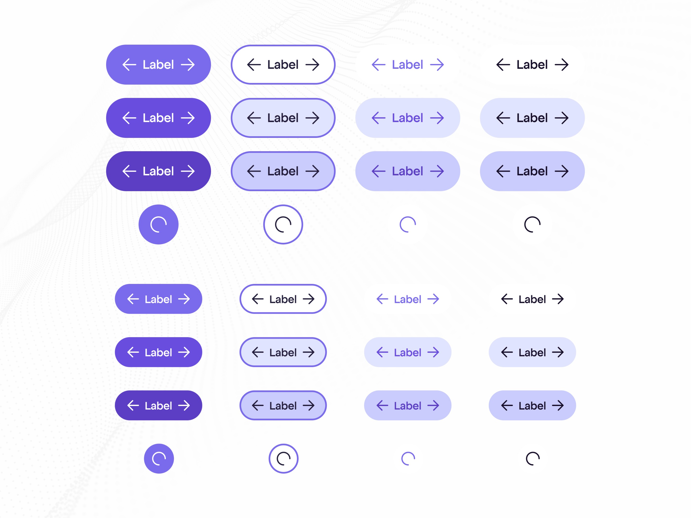 Button designs, including primary, secondary, and tertiary, each with default, hover, pressed, and loading states