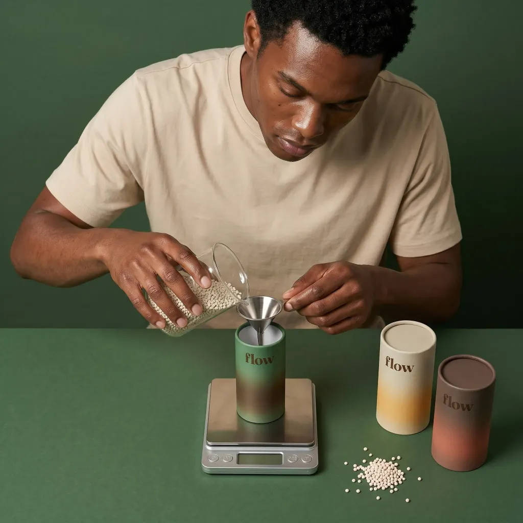 Branding expert's artful design: Man fills custom branded containers.