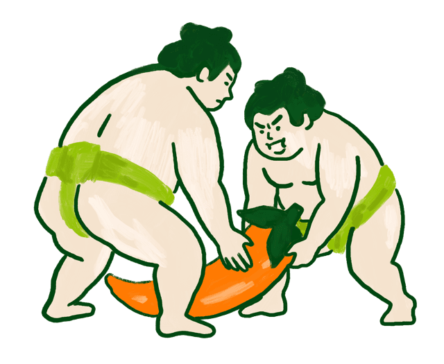 Ilustración de dos luchadores de sumo cargando un chile pimiento gigante