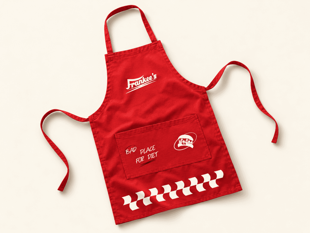 Red Frankee's staff apron with a checkered trim