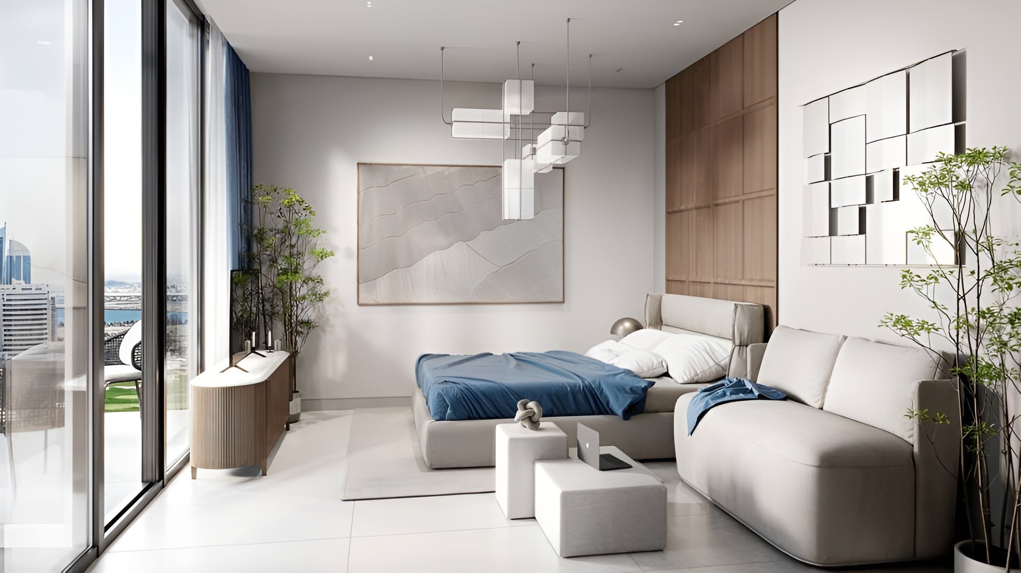 Modern bedroom featuring a large window with a city view, designed by Object1, titled Tetris Tower.
