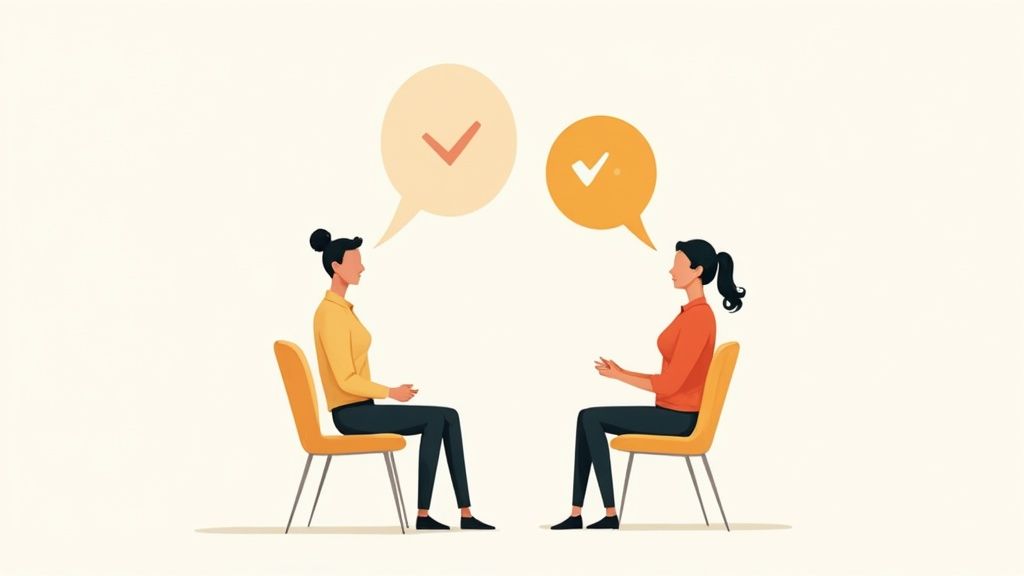 Two women seated, communicating with positive feedback represented by checkmarks in speech bubbles.