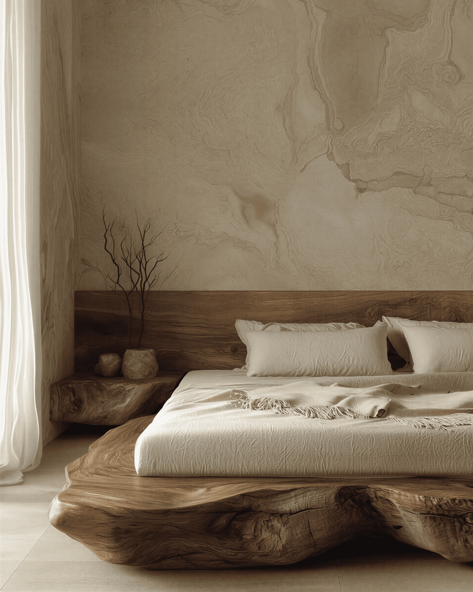 Organic wabi-sabi bedroom with sculptural live-edge wood platform bed, dramatic natural wood grain wall feature, flowing white curtains, and minimal neutral