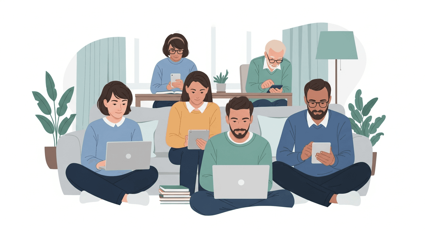 A clean, modern illustration showing a diverse group of adults in a comfortable home setting comparing different telehealth mental health care options on their devices (laptop, tablet, phone). The scene should convey thoughtful decision-making and research, with people in casual clothing sitting on a couch or at a desk. Use soft, calming colors like blues, greens, and neutral tones. Professional but approachable contemporary style that feels trustworthy and realistic. No text, words, letters, or brand names should appear anywhere in the image.