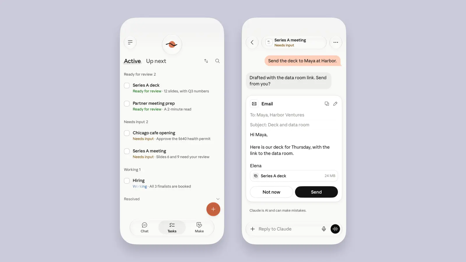Claude Duet auf dem Handy: Aufgabenliste mit den Gruppen Ready for review, Needs input und Working sowie eine Freigabekarte für eine E-Mail mit den Knöpfen Not now und Send