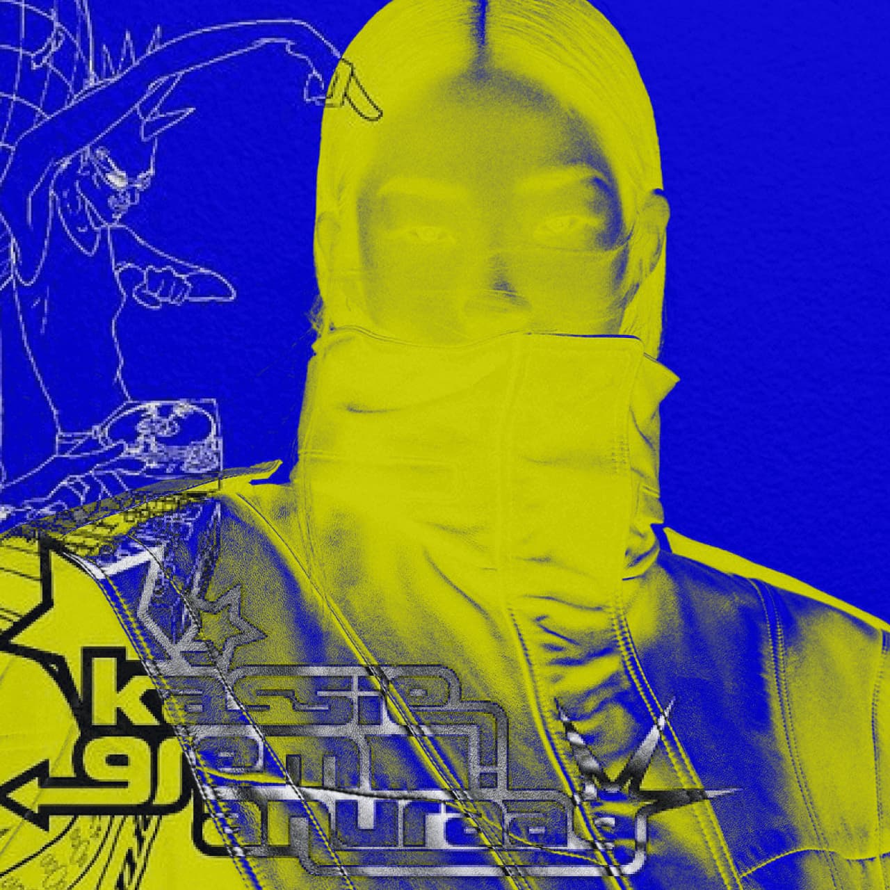 Abstract neon-toned portrait featuring a person wearing a high-collar jacket and face covering, layered with bold blue background and graphic line elements.