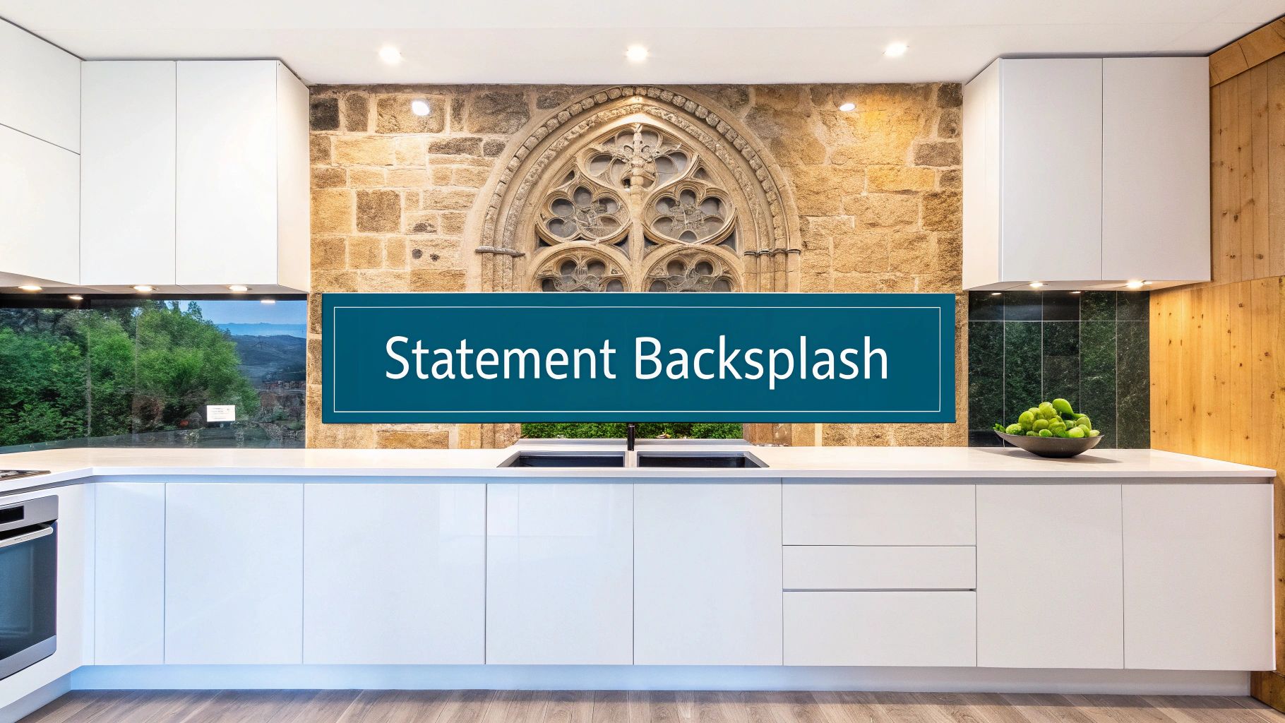 Modern kitchen with white cabinets, a stone wall with gothic window, glass, and marble backsplashes.