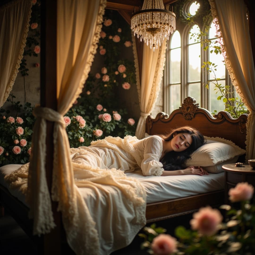 eine frau, die in einem zimmer voller blumen schläft