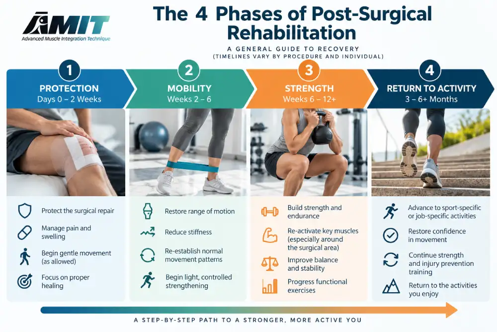 Four phases of post-surgical rehabilitation from protection to return to activity