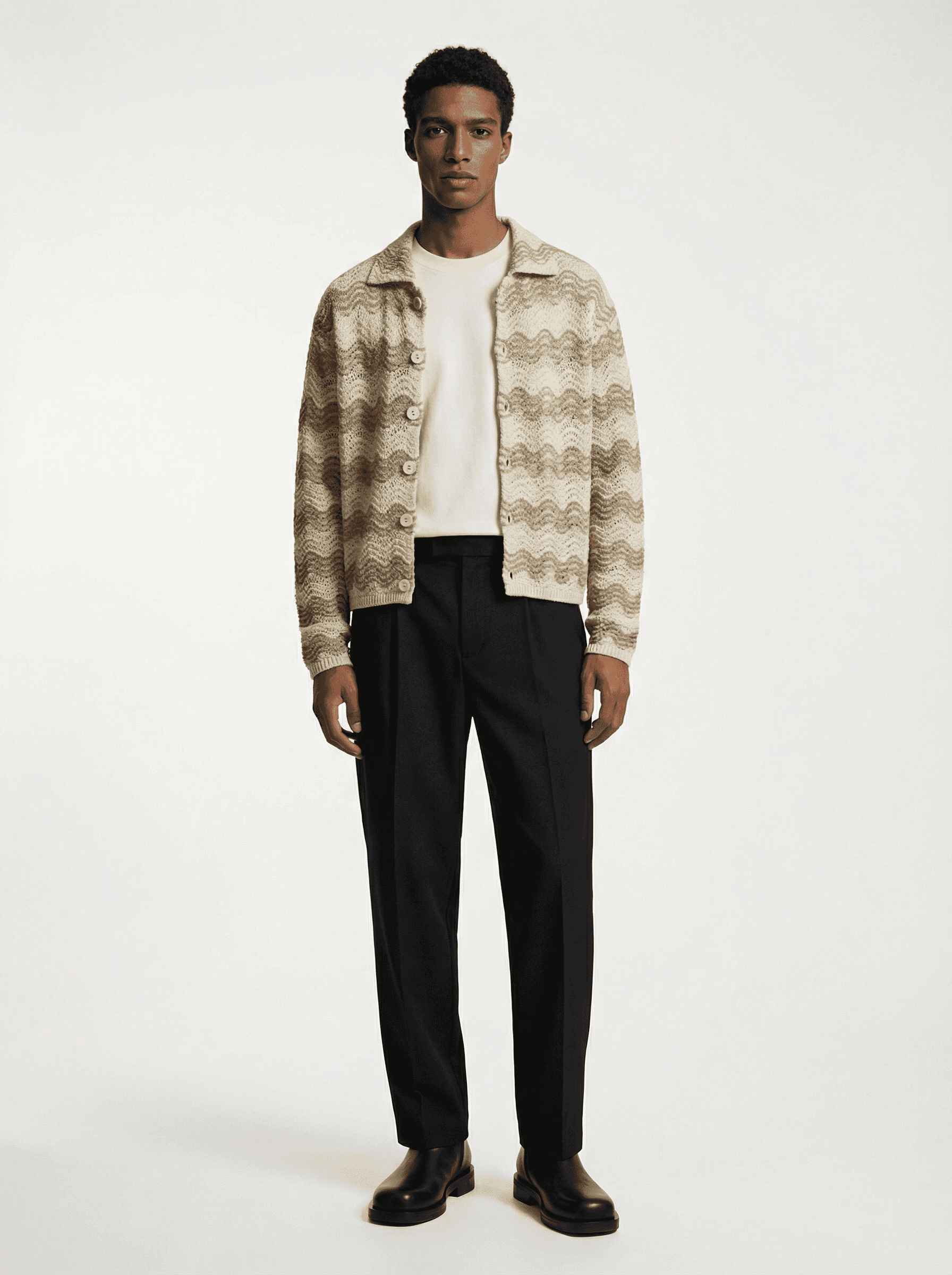 a woman in a white coat and black boots