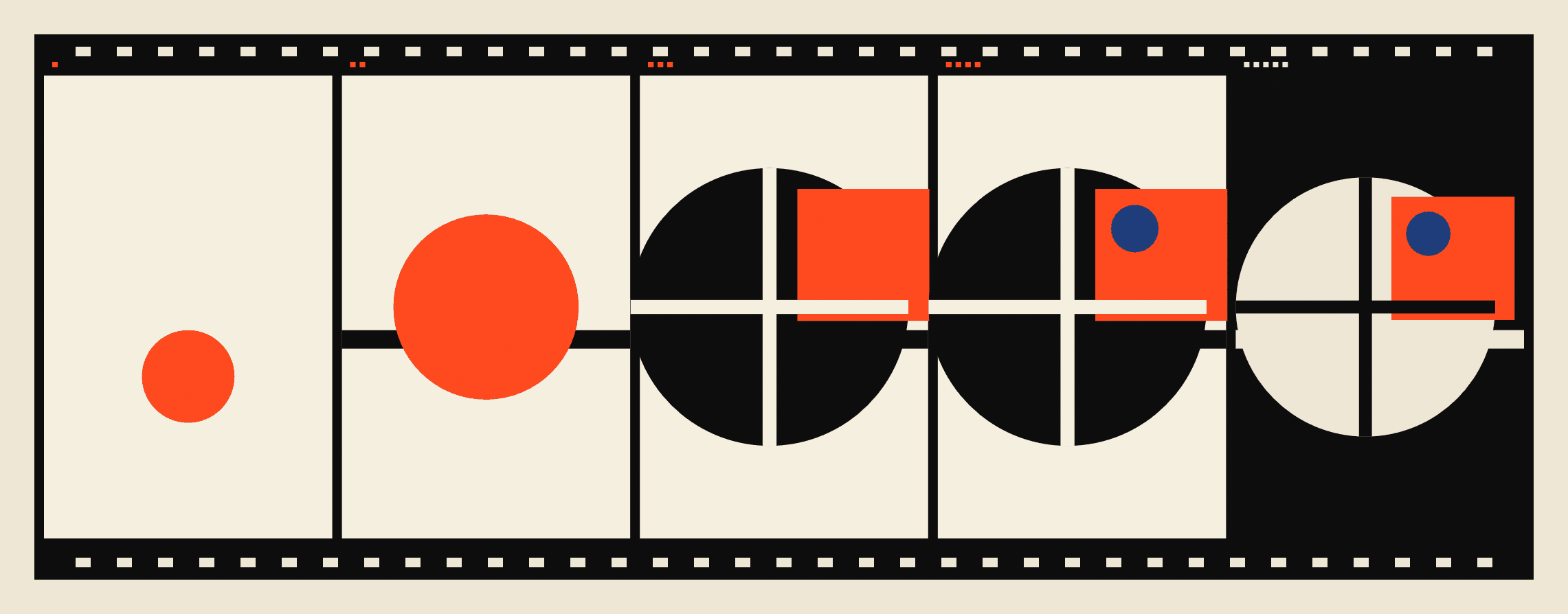 Bold modernist filmstrip showing brand mark transforming across five frames in cream ink orange and cobalt — brand launch film identity in motion. Raised Media Co.