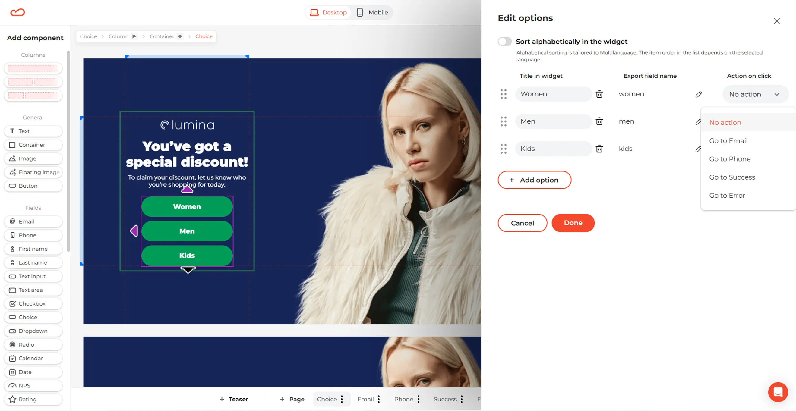 Claspo editor showing the preference button settings for a multi-step fashion popup.
