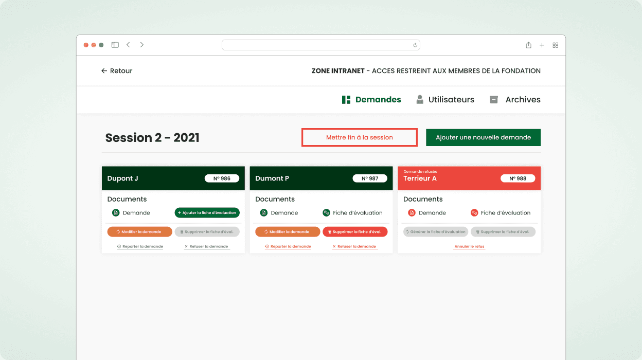 Capture d'écran de la page principale de l'intranet pour la secrétaire contenant la session acutelle et les demandes de financement