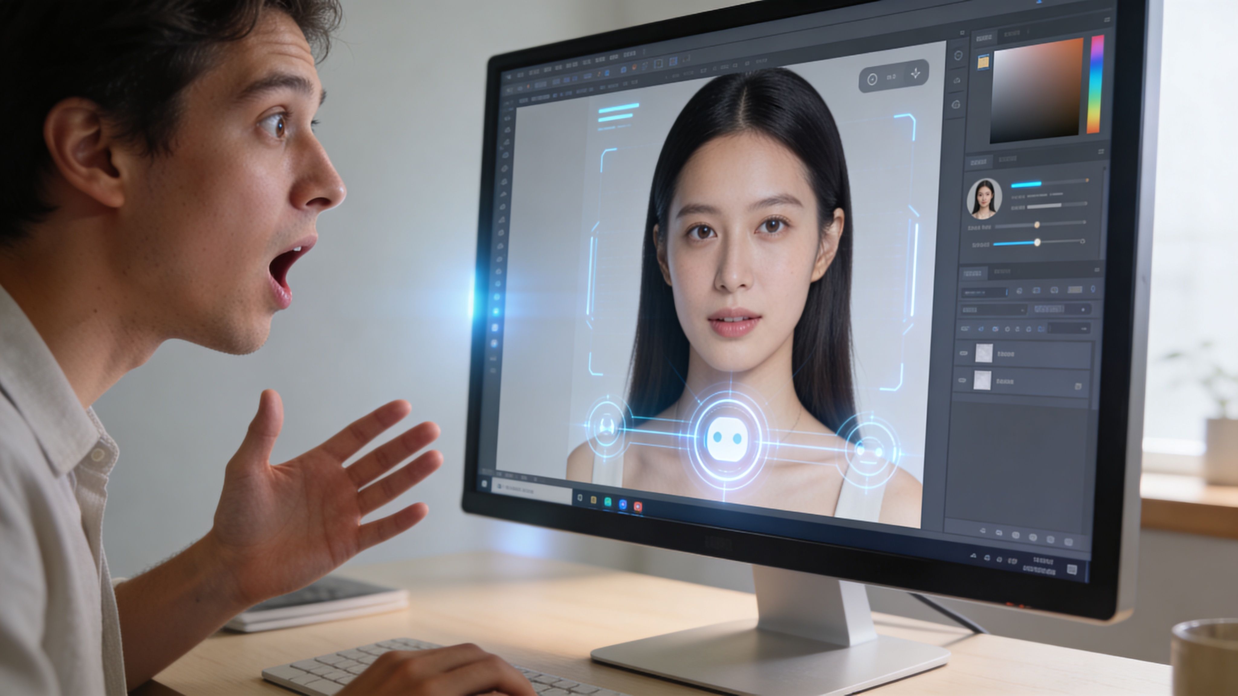 Ein erstaunter junger Mann betrachtet fasziniert ein KI-generiertes Porträtbild einer Frau auf seinem großen Computerbildschirm im Arbeitszimmer.