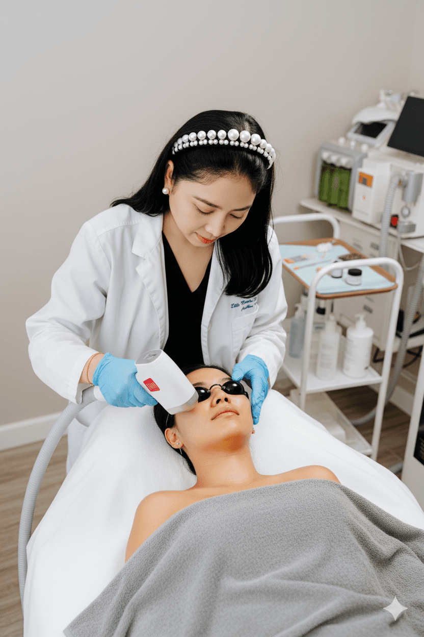 Marie Shelley MedSpa skincare expert performing facial laser therapy