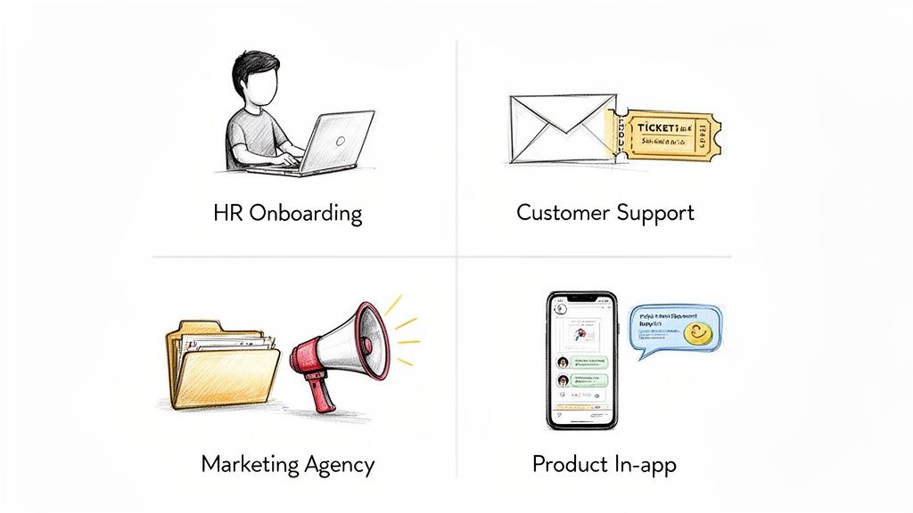 Four illustrative scenarios: HR onboarding, customer support, marketing agency, and product in-app communication.