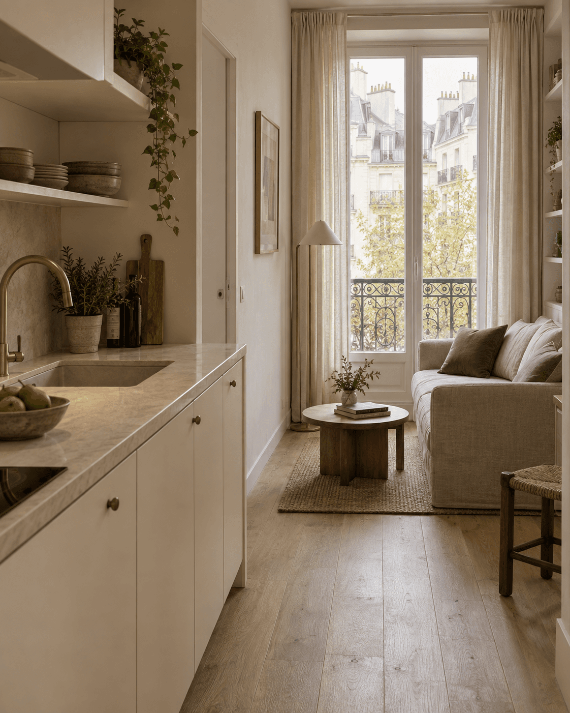 Studio parisien avec kitchenette claire et fenêtre à rideaux de lin