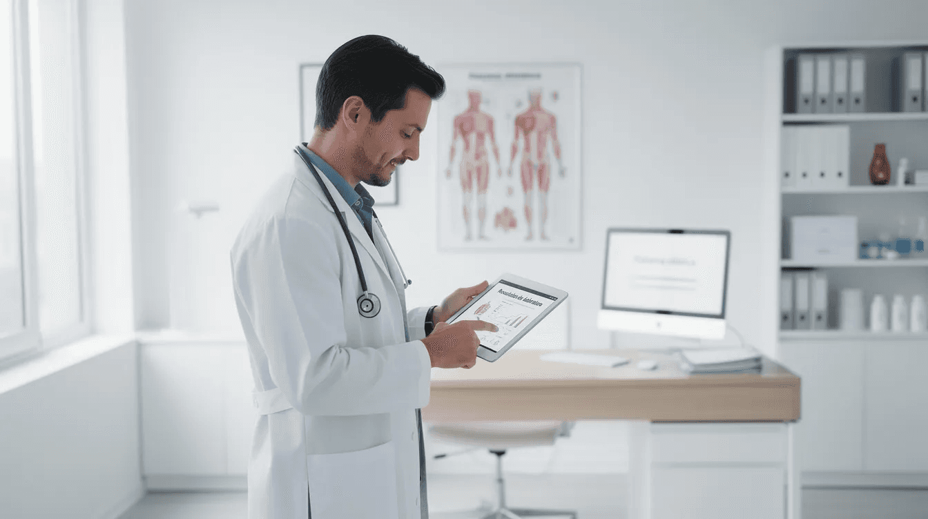 Un médico revisa información en una tableta dentro de un consultorio moderno y luminoso, rodeado de un ambiente profesional que refleja la calidad de los servicios de salud. El espacio está diseñado para brindar comodidad y eficiencia en los procesos de atención a los pacientes.
