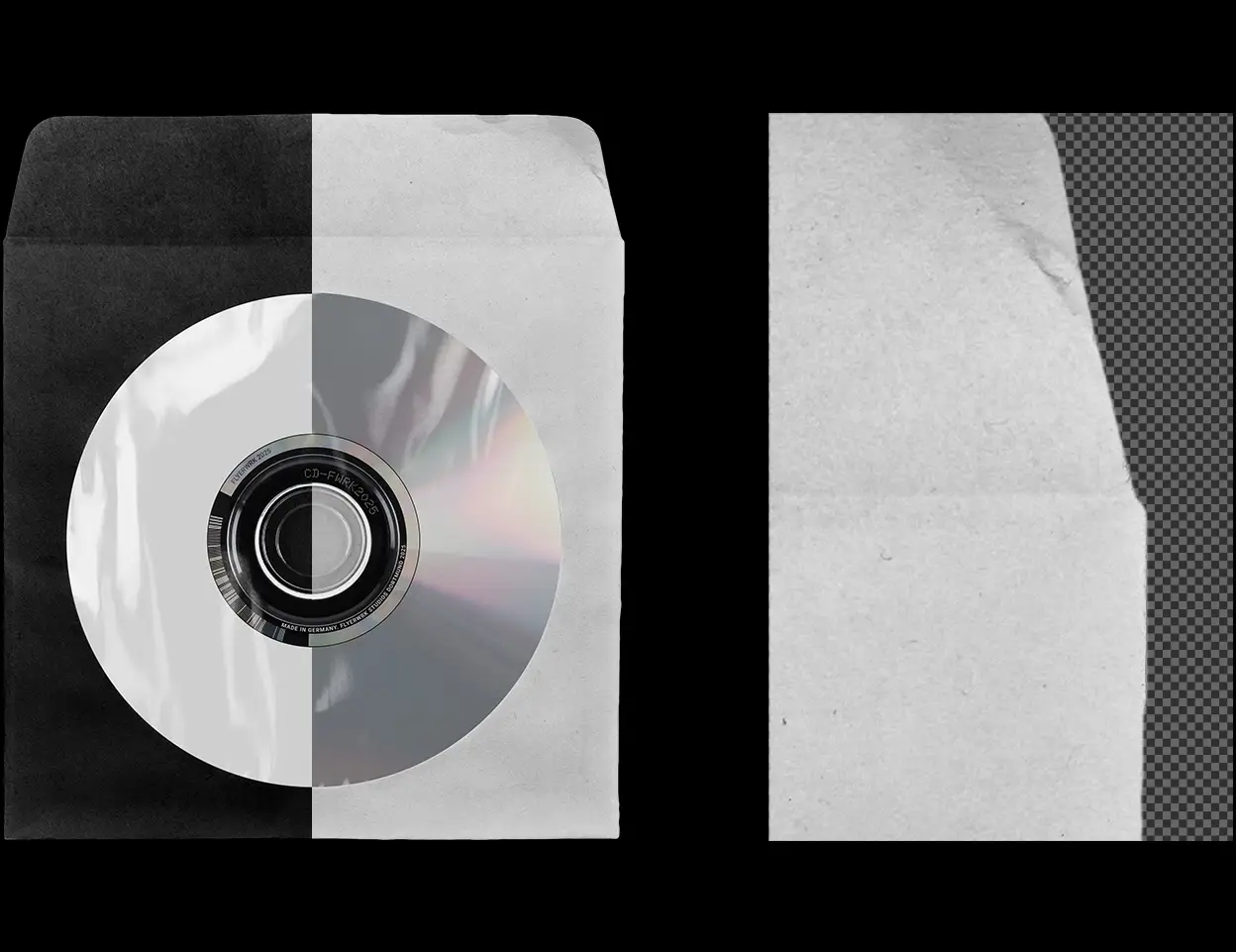 Close-up of the CD paper sleeve mockup highlighting realistic paper grain and transparent plastic overlay details