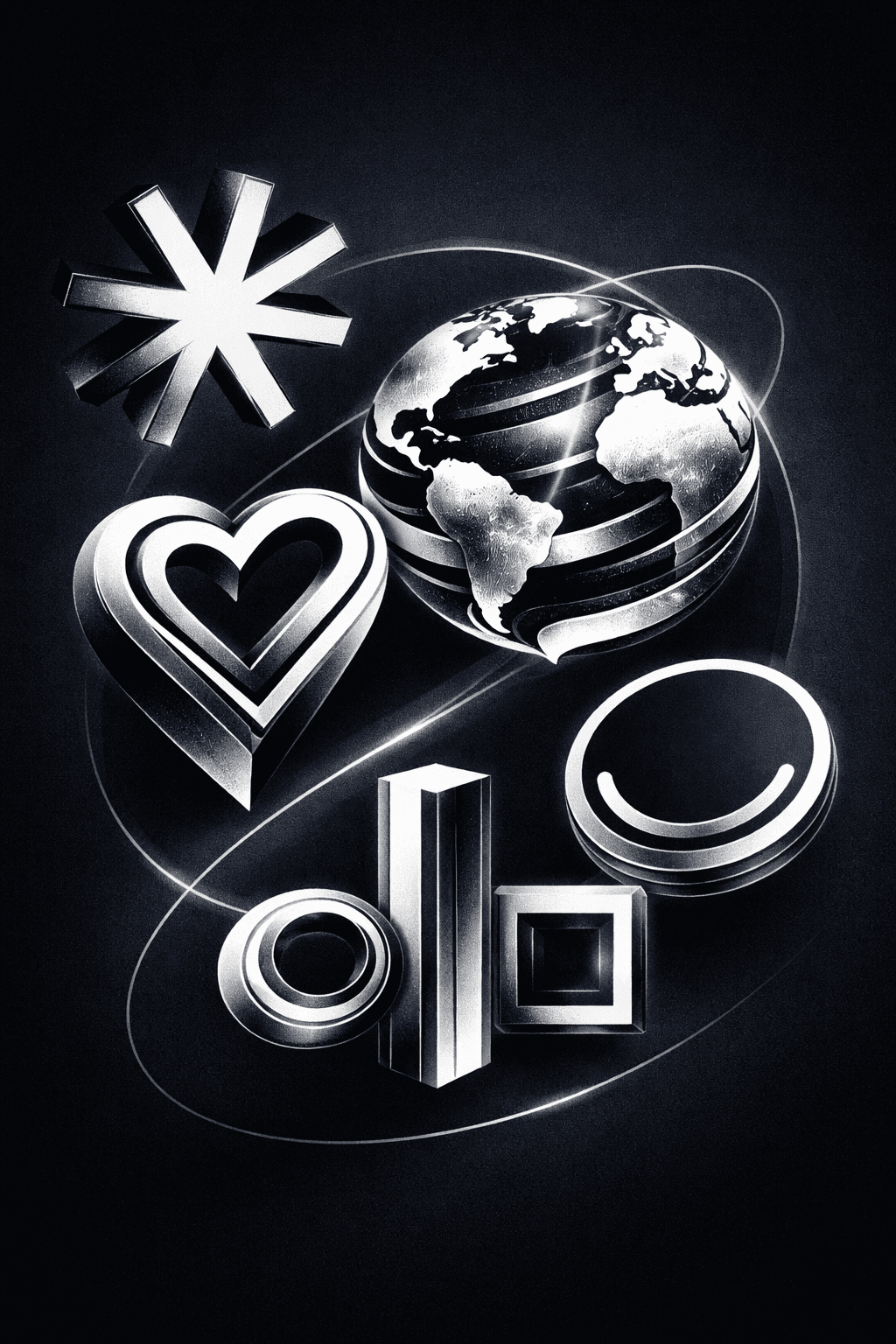 3D geometric symbols with a globe, showcasing interface design, motion design, and brand identity by Beroz Studio and Albear.