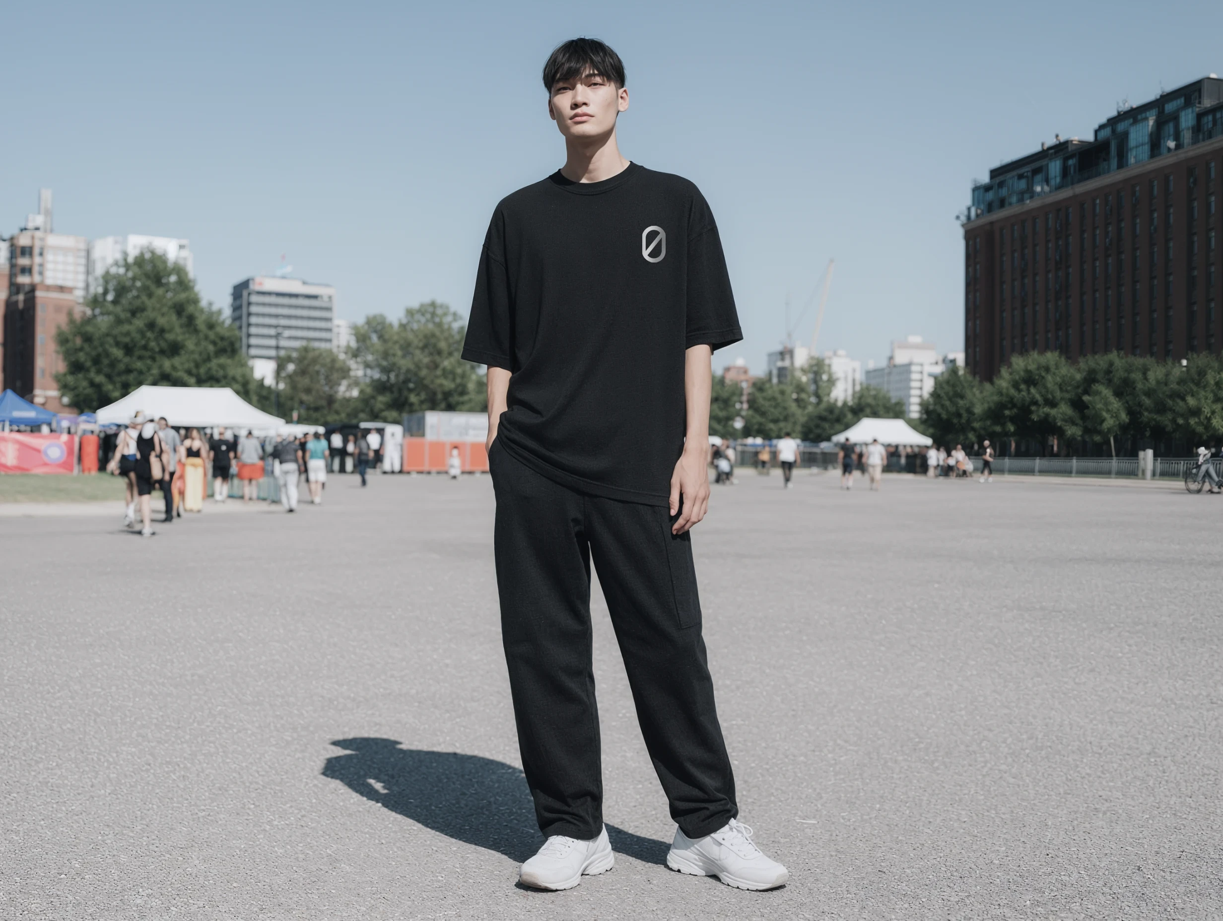 Full-body portrait of a model wearing a black t-shirt and trousers in an open city space