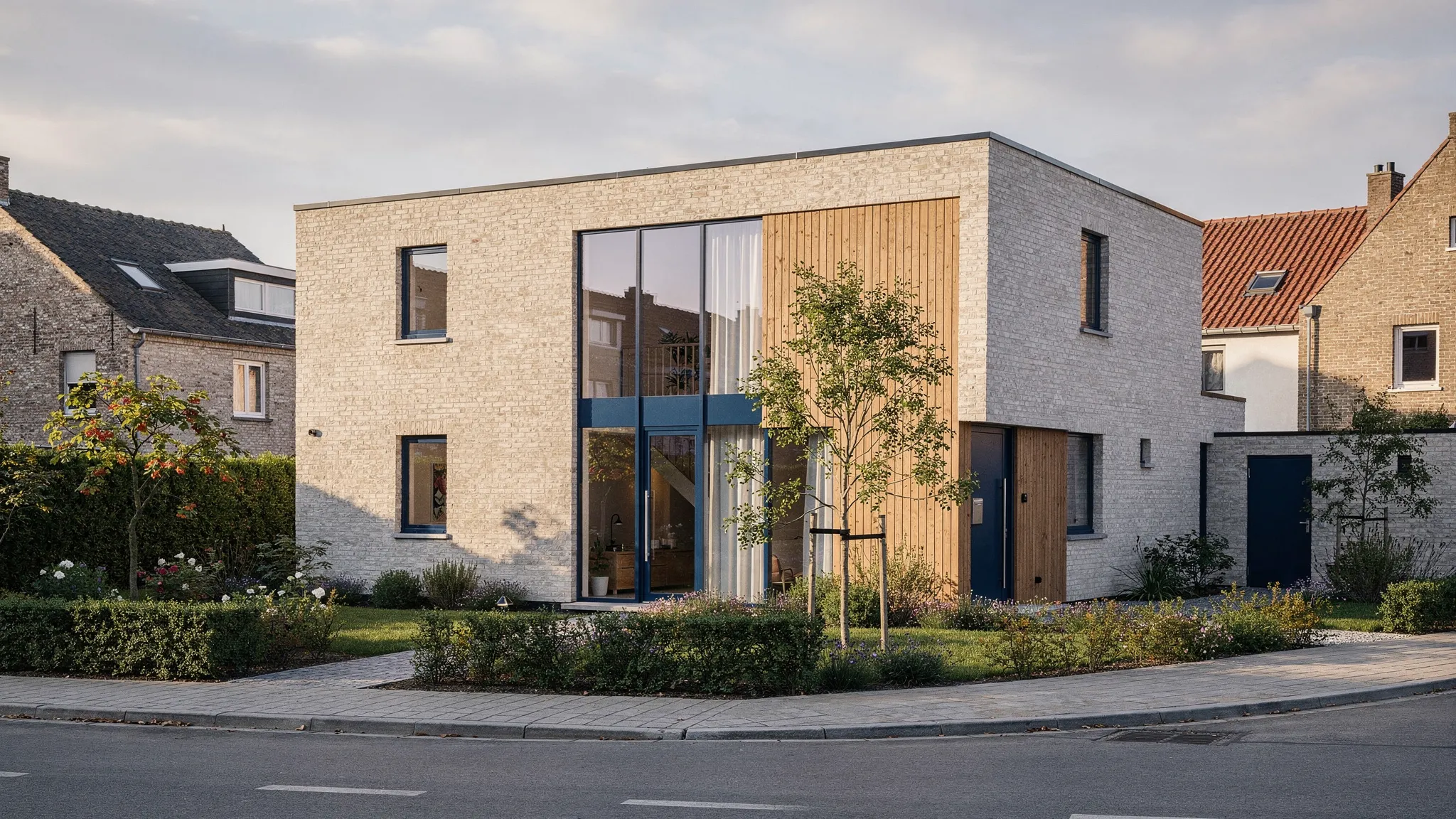 Een tijdloze, energiezuinige woning met een helder rechthoekig volume, rustige gevelritmering met grote ramen aan de tuinzijde, duurzame gevelmaterialen en een eenvoudige daklijn, ingebed in een Vlaamse woonstraat met groen.