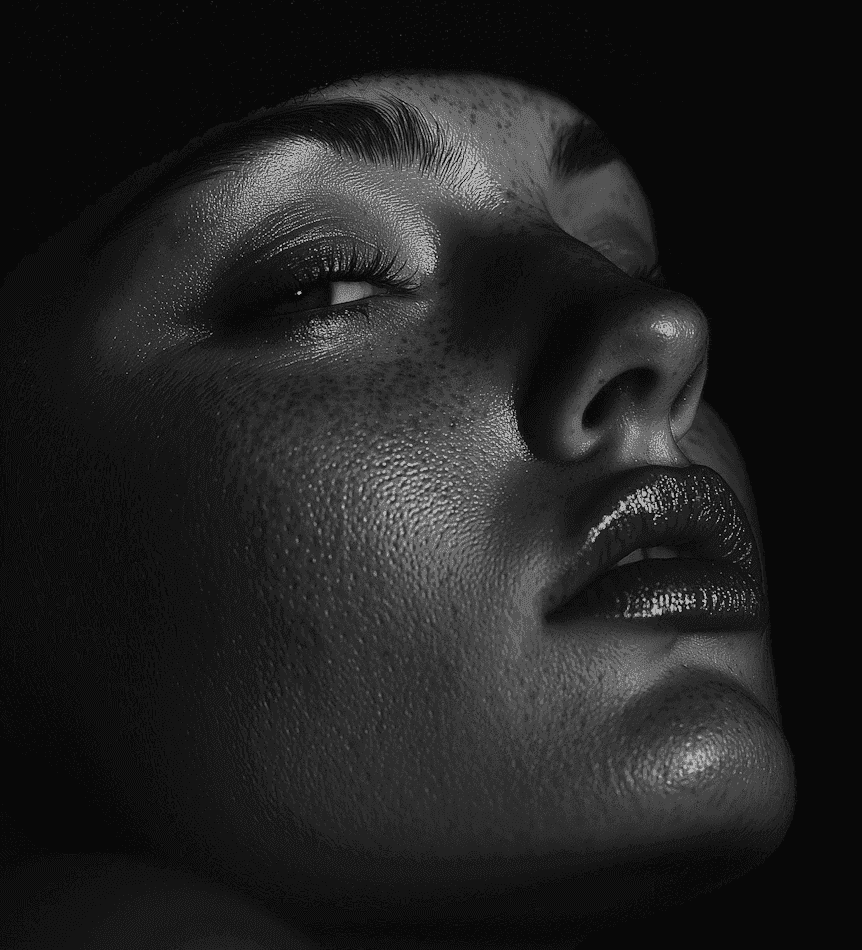 Dramatic close-up black and white portrait of a person’s face, highlighting freckles and soft light on the lips and nose.