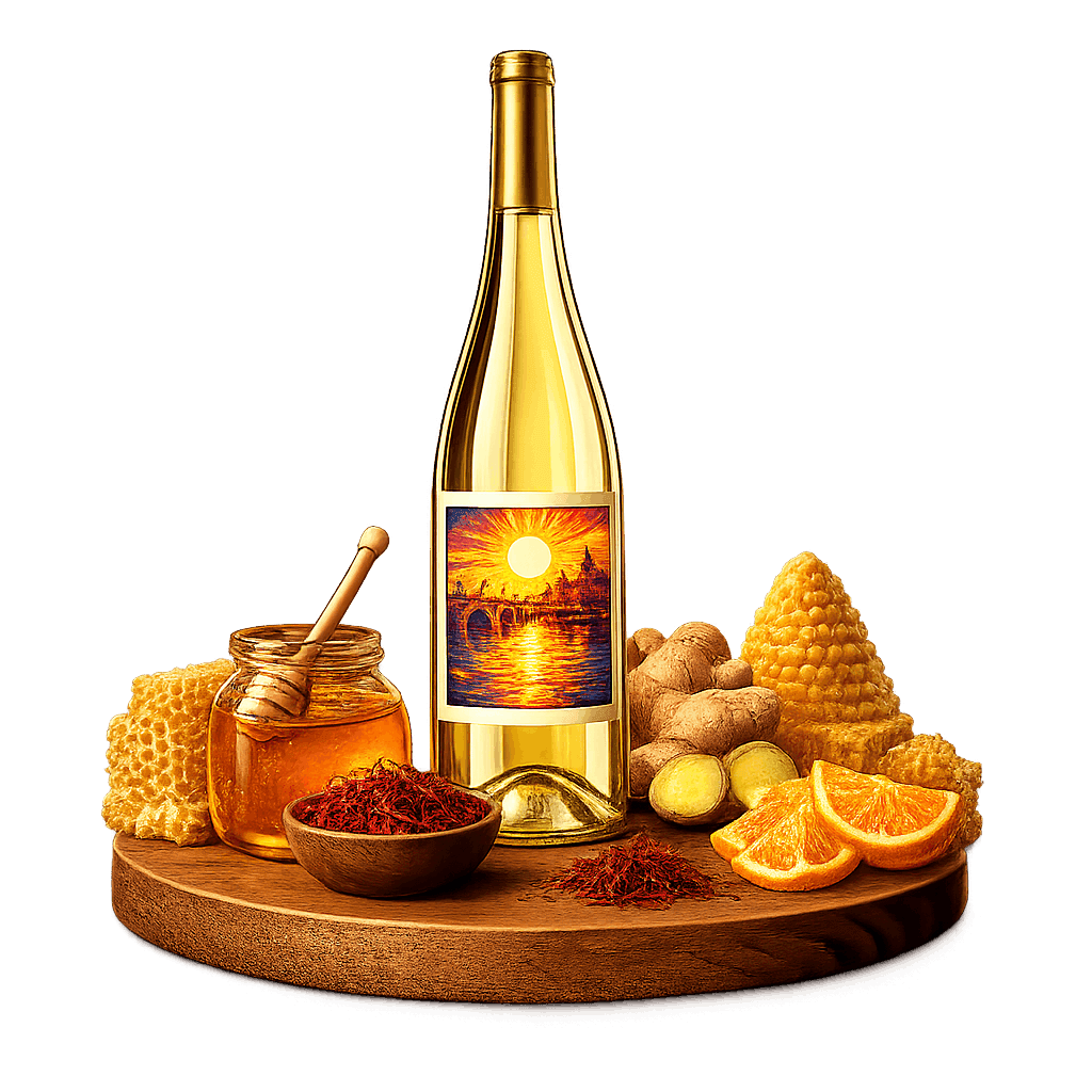 Artistic label and flavor profile for Bordeaux Sauternes on a rustic wooden table.