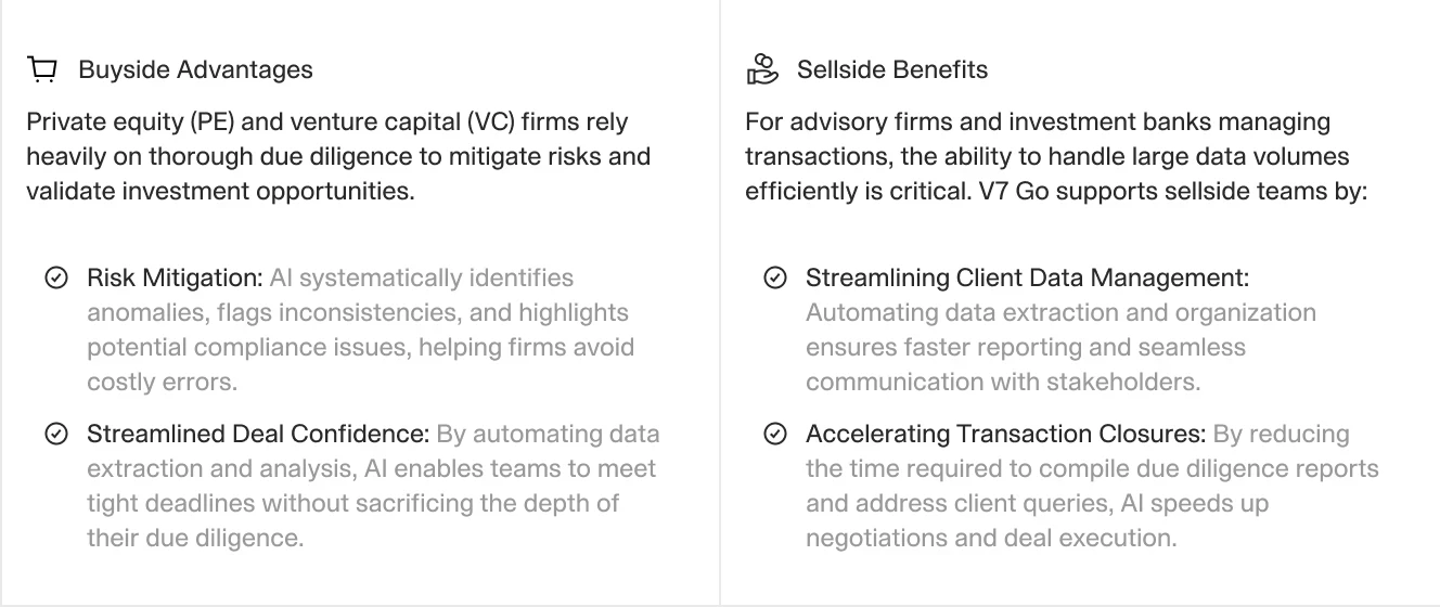 A comparison table outlining AI advantages for buy-side and sell-side teams, such as risk mitigation, streamlined client data management, and faster transaction closures.