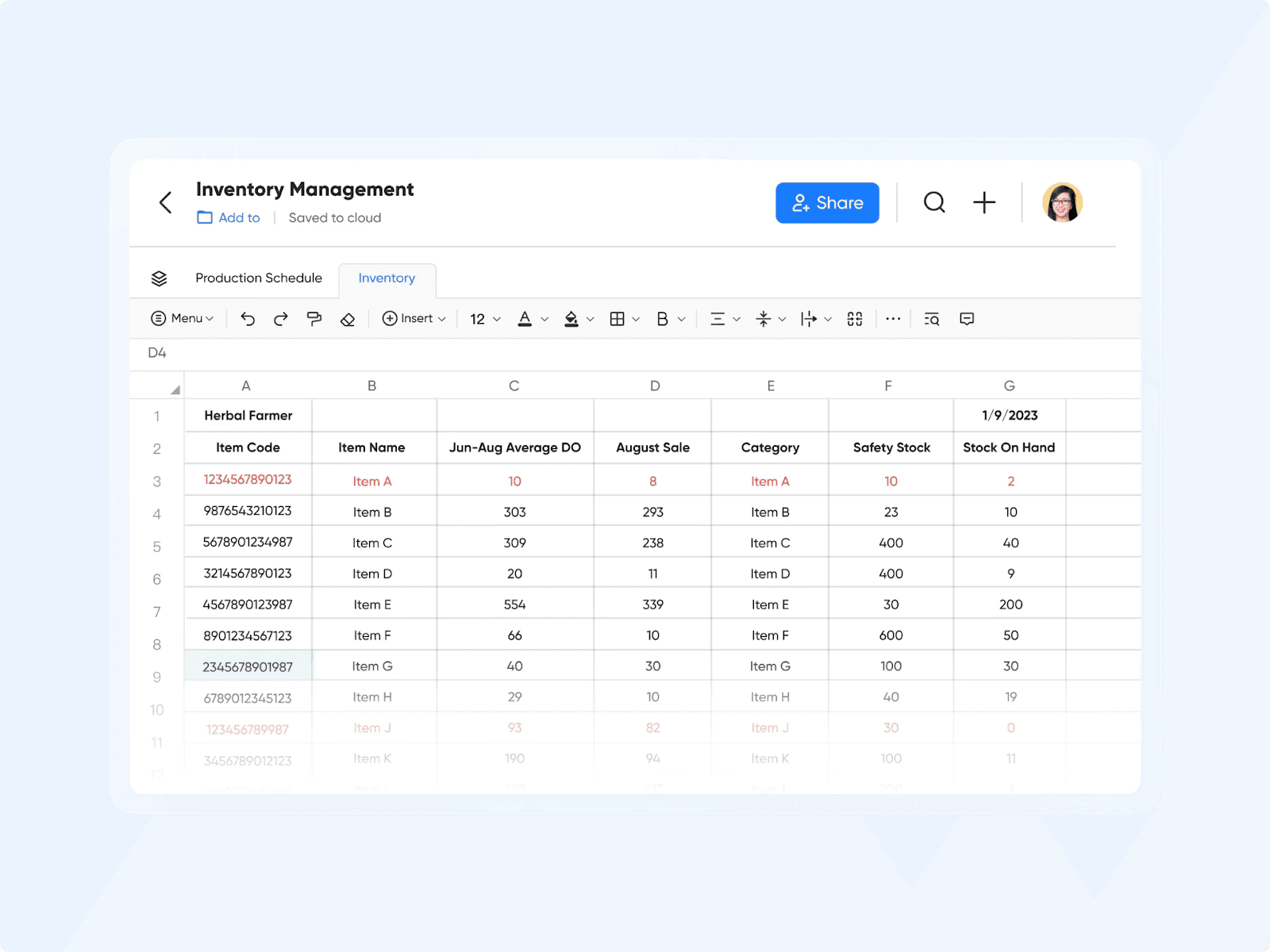 Lark interface displaying inventory management 