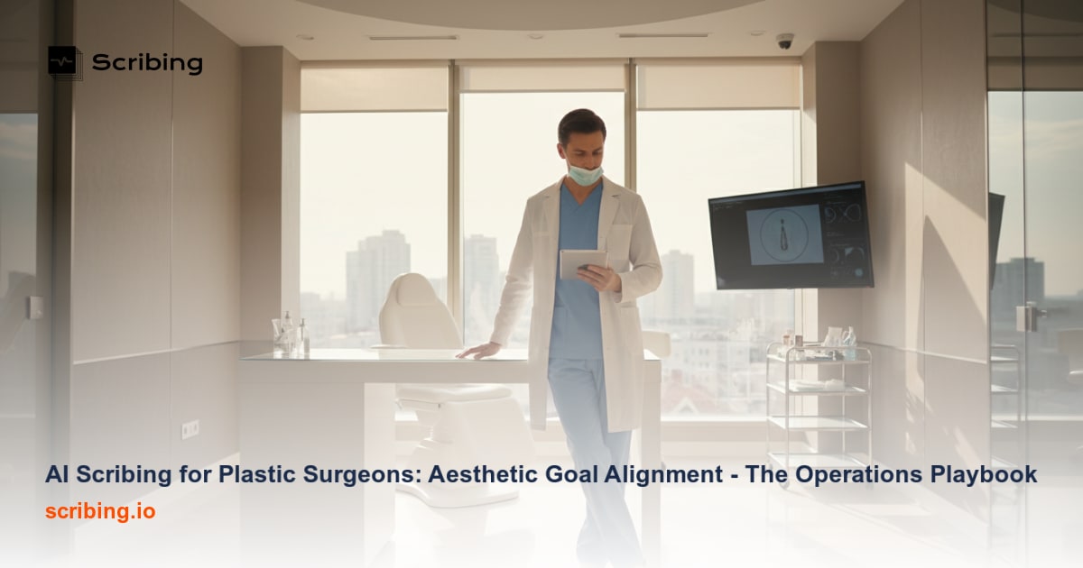 Plastic surgery consultation room illustrating AI-assisted documentation and aesthetic goal alignment between surgeon and patient