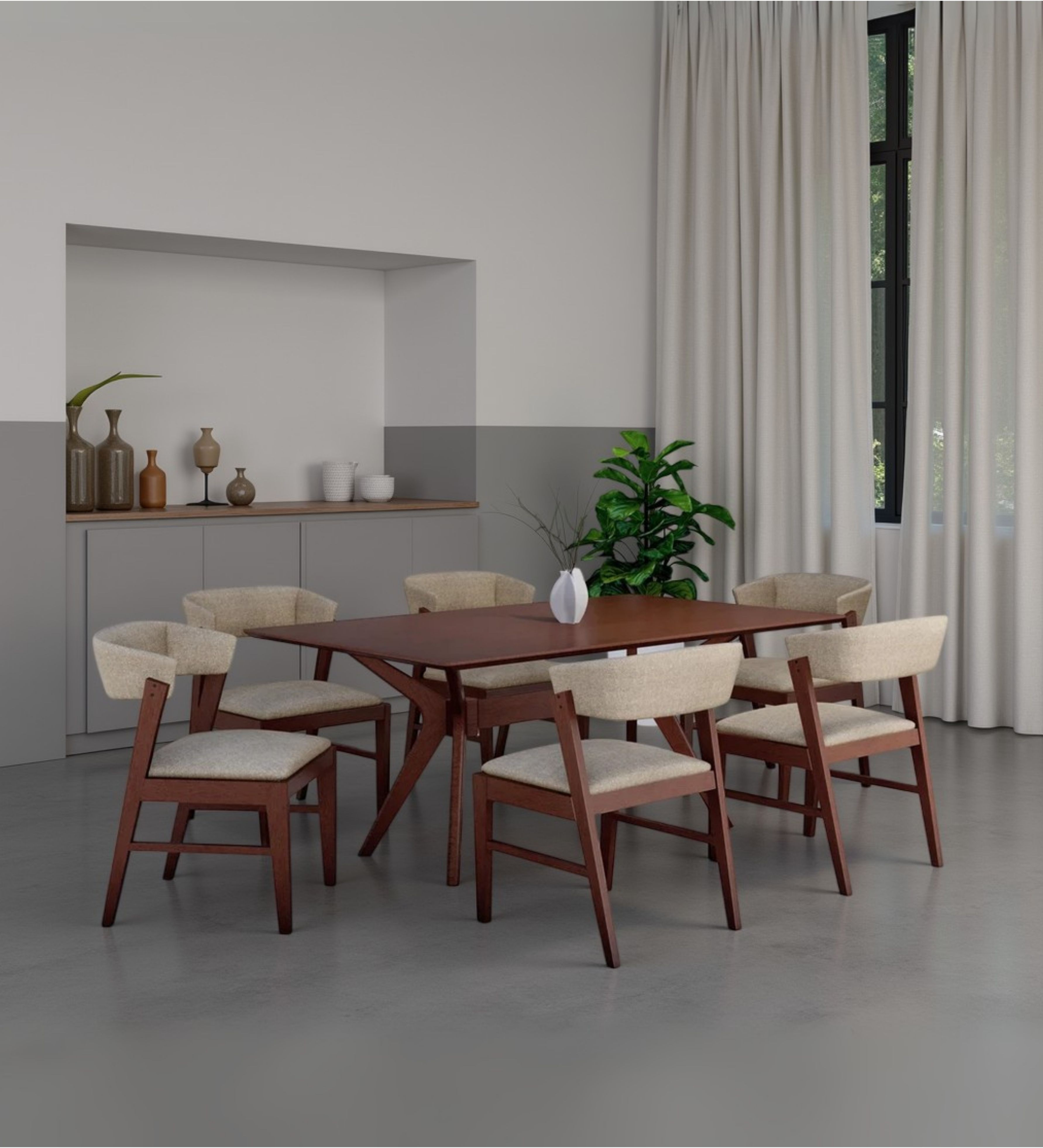 Dining table with angled wooden base, paired with upholstered chairs