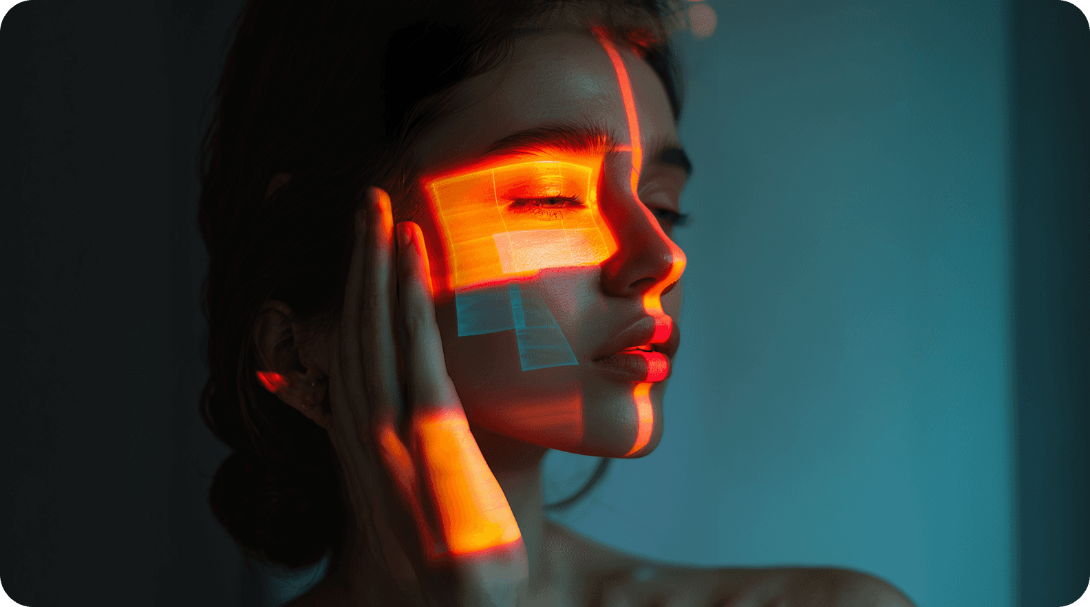 Woman with eyes closed, lit by a projected orange light grid
