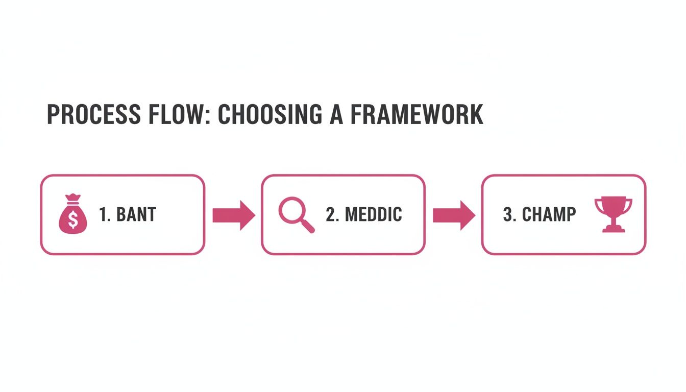 A process flow diagram illustrating three frameworks for selection: BANT, MEDDIC, and CHAMP.