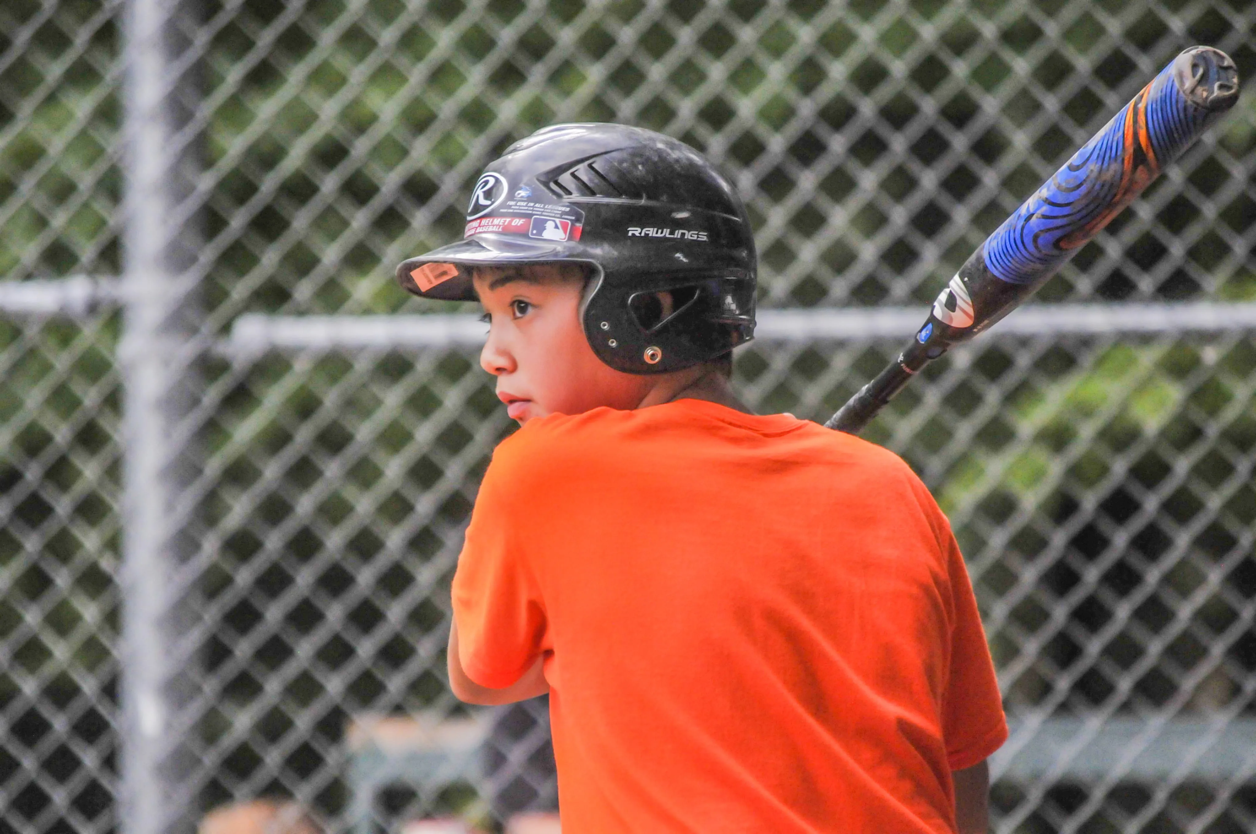 Camper in a batting helmet at the plate during a baseball game