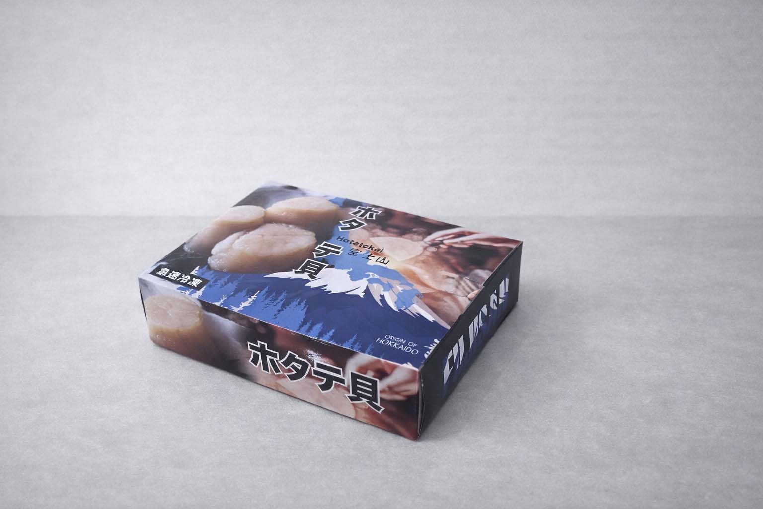 Custom Carton Seafood Box - Hokkaido brand. 1kg laminated frozen scallop box with full-color offset printing, manufactured in Kuching.