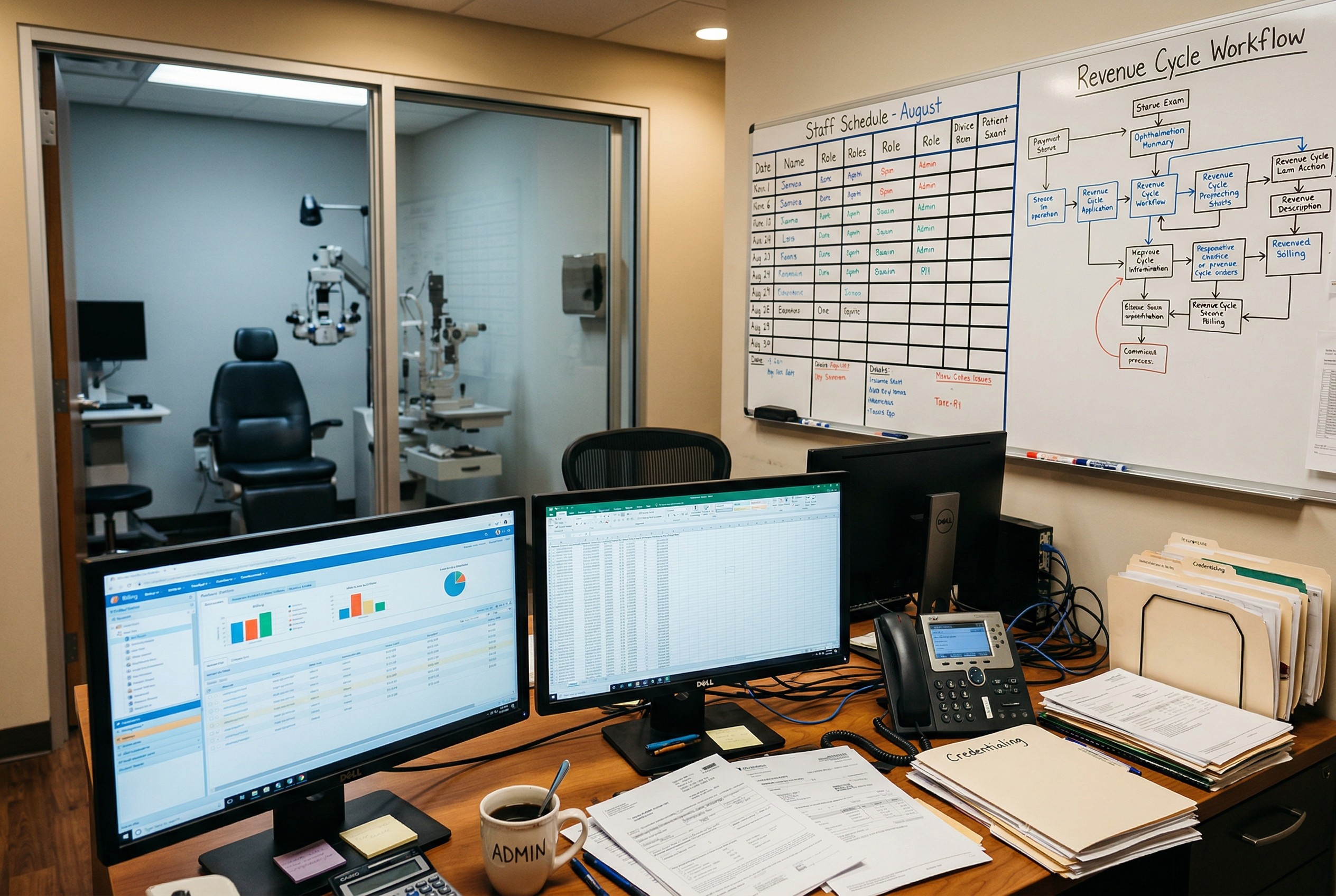  Medical office operations room with billing software, insurance forms, and credentialing folders with ophthalmology exam room visible through glass partition