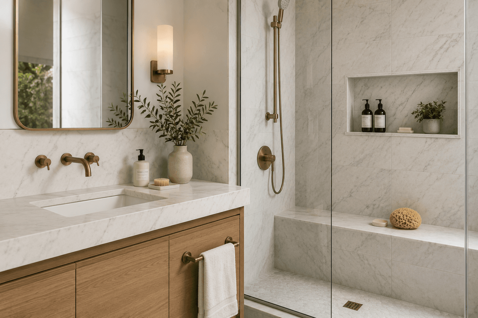 Marble bathroom vanity protected with MORE™ AntiEtch™ coating.
