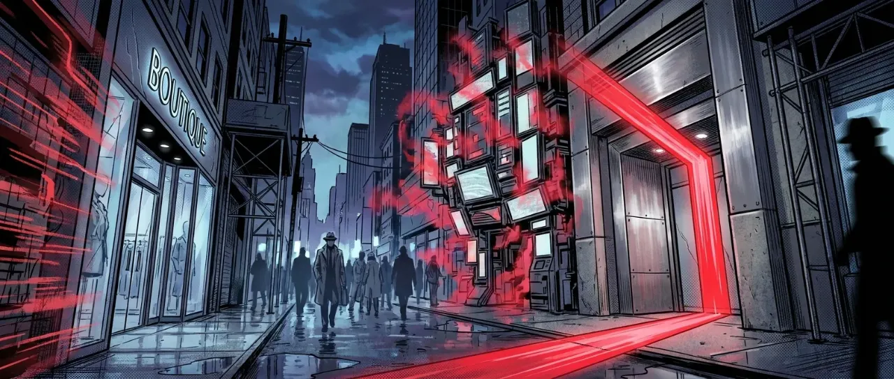 Urban scene with glowing red digital art, vibrant night setting—RockN' Socials.