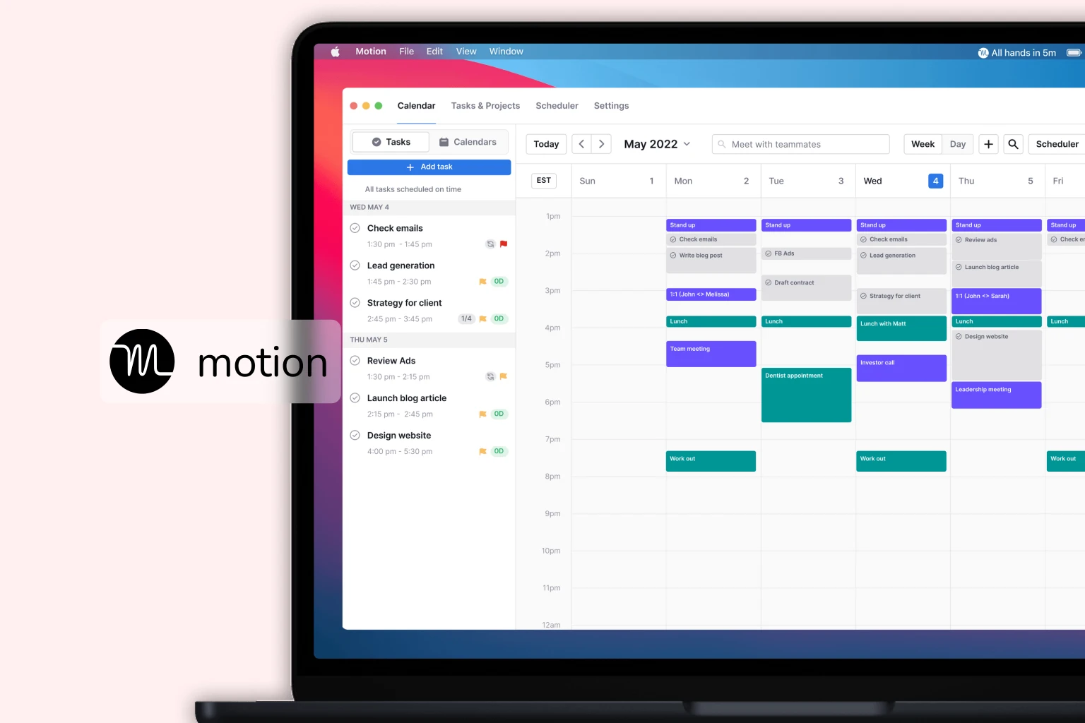 Motion style AI auto-scheduling calendar rearranging tasks around a new meeting