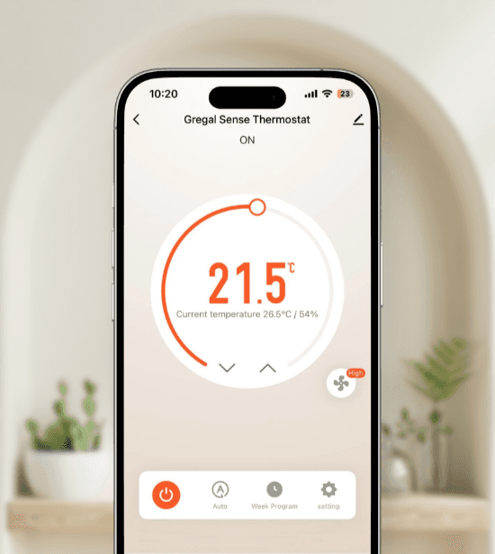 Aplicación móvil para controlar la temperatura de forma remota desde el smartphone con un termostato inteligente WiFi.