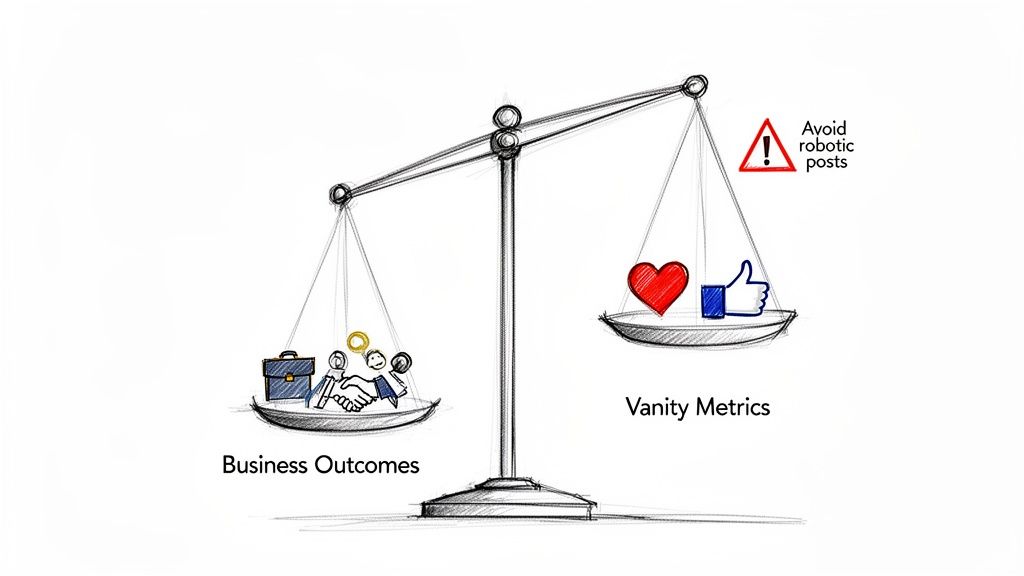 A balance scale illustrates business outcomes outweighing vanity social media metrics and robotic posts.