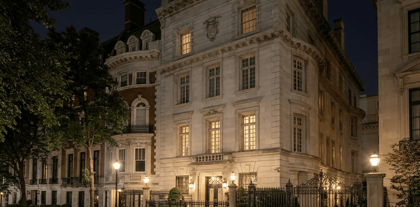 a large white house with a fountain in front of it