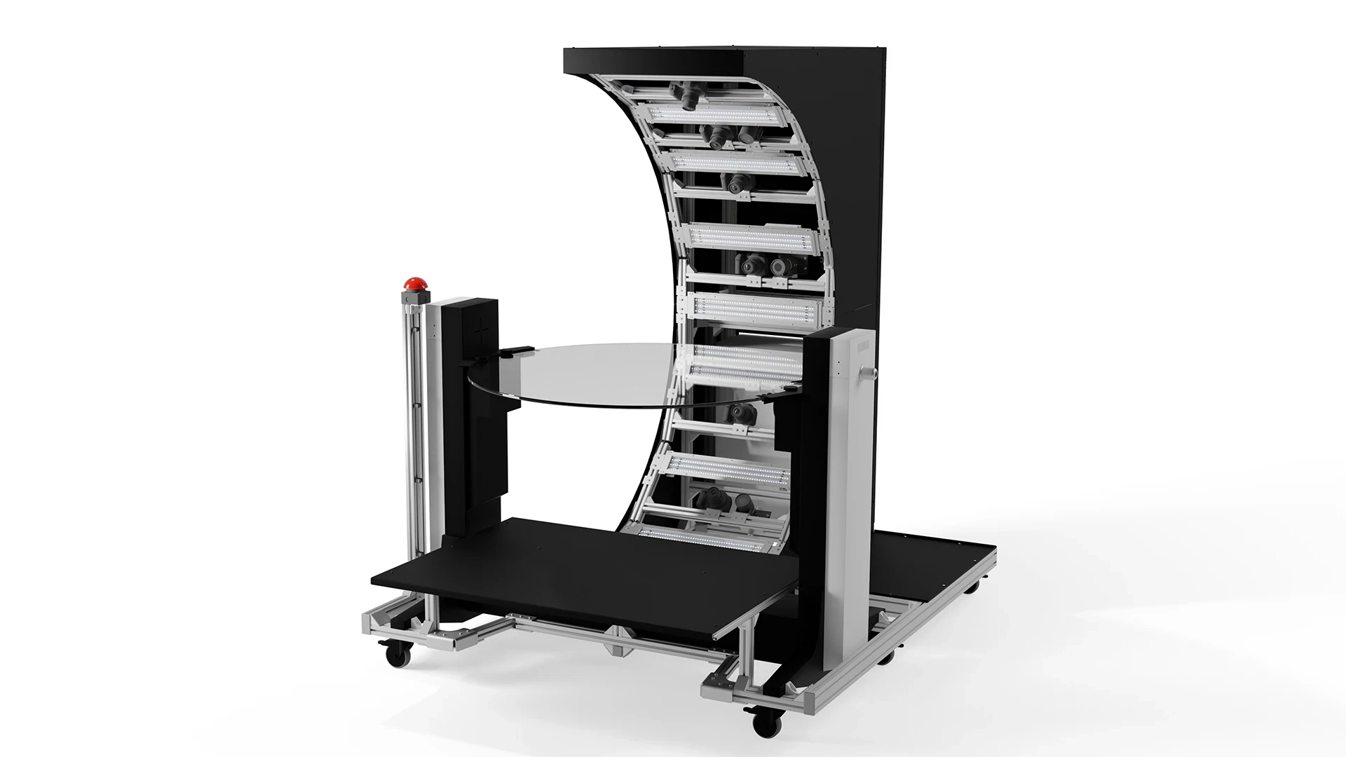 botspot's object scanner with cameras and LED lights pointing at a glass turntable.